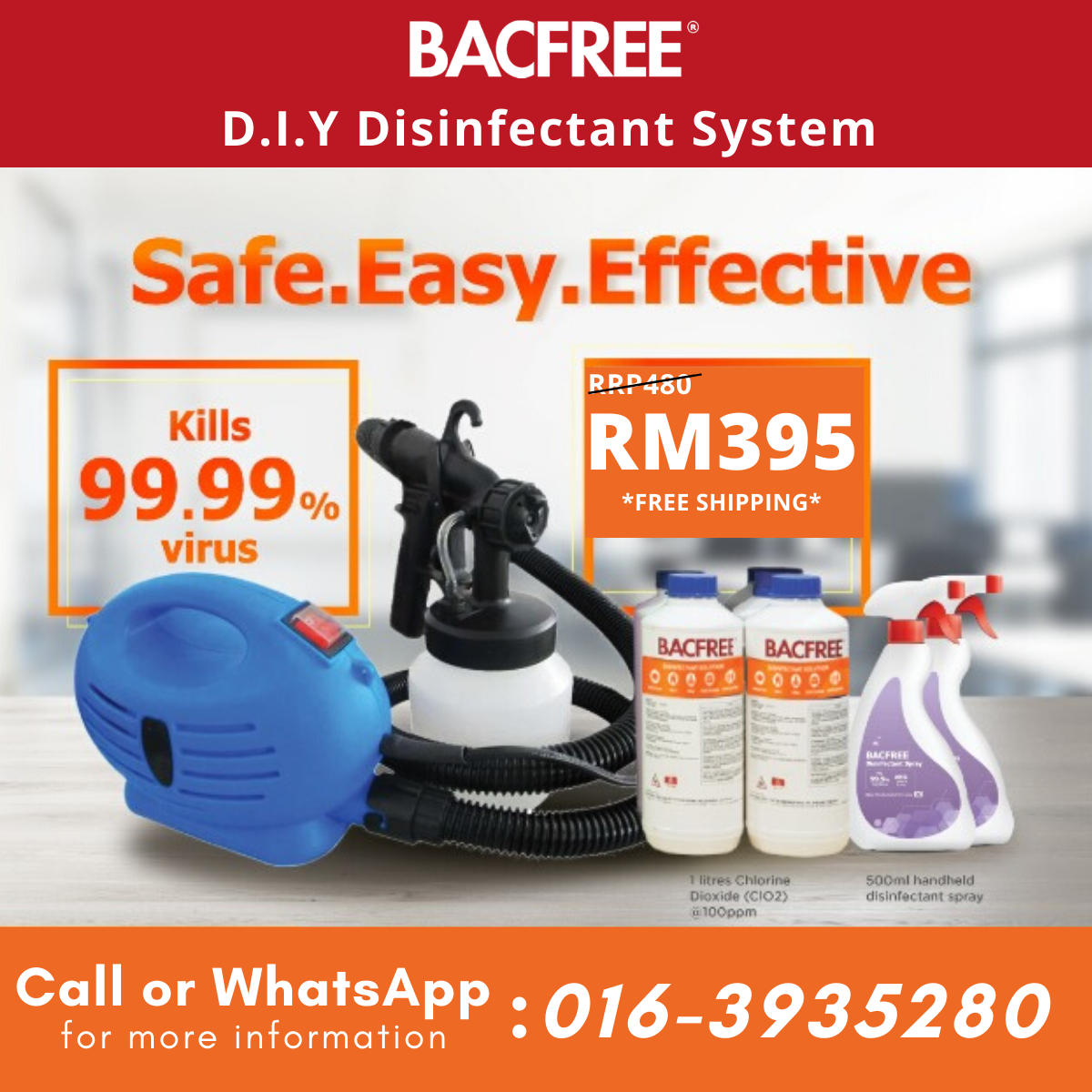 BACFREE D.I.Y Disinfectant Sprayer with Chlorine Dioxide kills 99.99